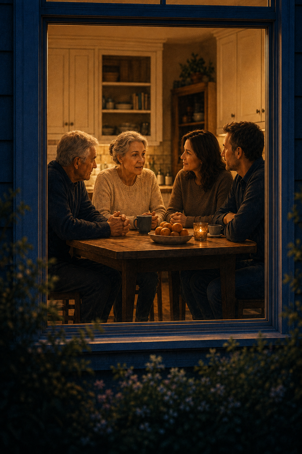 An older couple and their adult children listening to one another around a warm kitchen table, seen through a window.